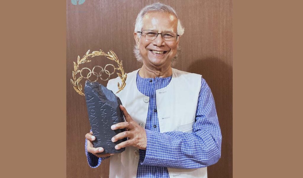 Professor Muhammad Yunus holding the Olympic Laurel during his acceptance speech at opening ceremony at Tokyo Olympics 2020 on 23 July 2021